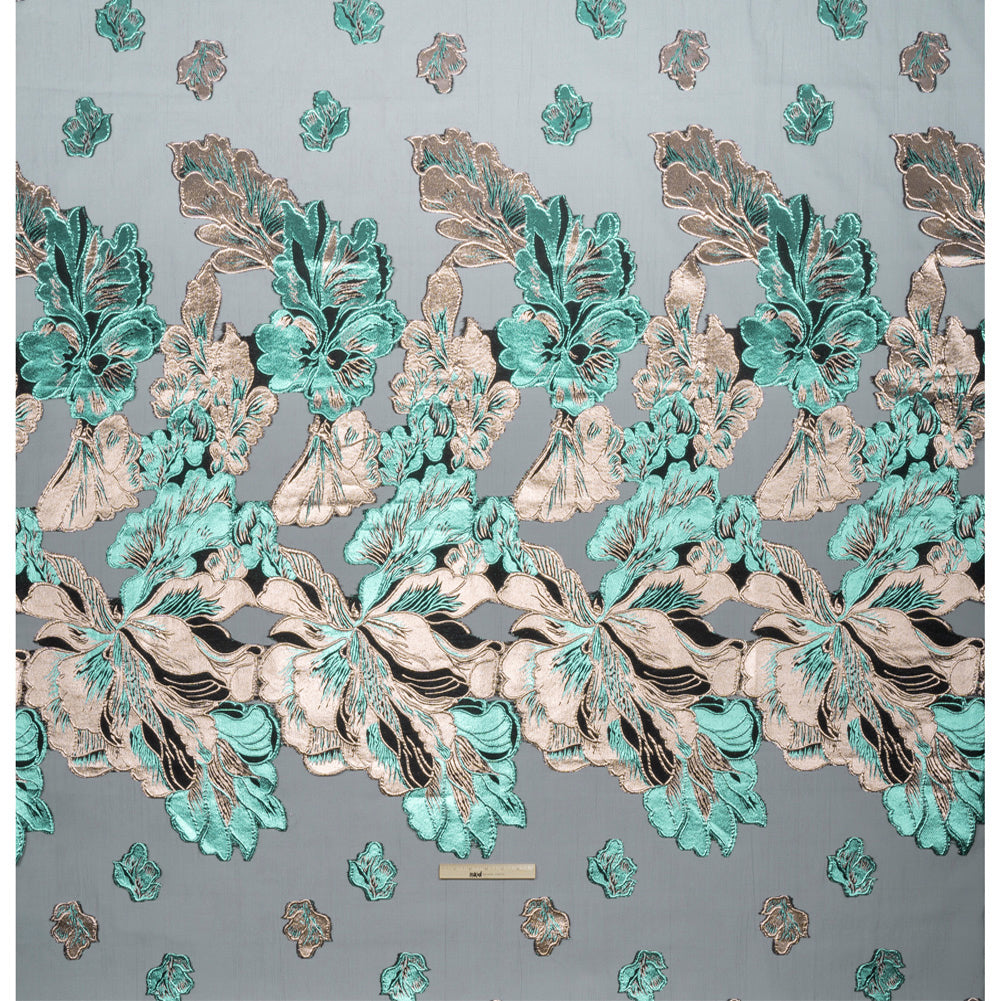 Metallic Turquoise, Silver and Black Floral Luxury Burnout Brocade Panel - Drape