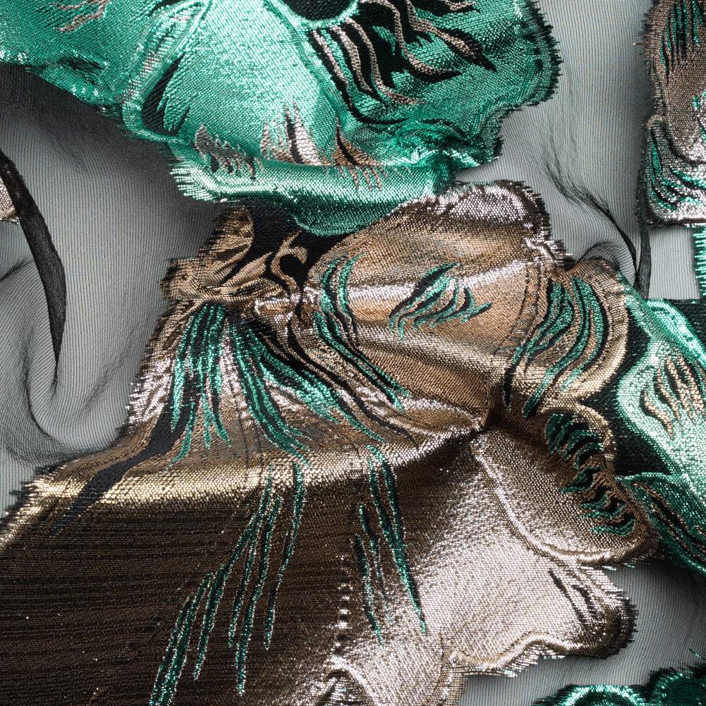 Metallic Turquoise, Silver and Black Floral Luxury Burnout Brocade Panel