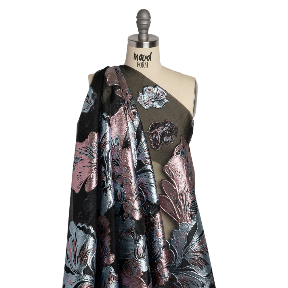 Metallic Pink, Baby Blue and Black Floral Luxury Burnout Brocade Panel - Detail