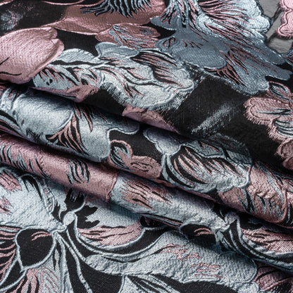 Metallic Pink, Baby Blue and Black Floral Luxury Burnout Brocade Panel - Full