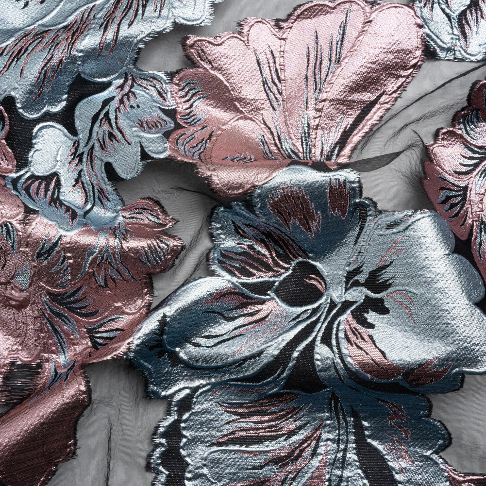 Metallic Pink, Baby Blue and Black Floral Luxury Burnout Brocade Panel
