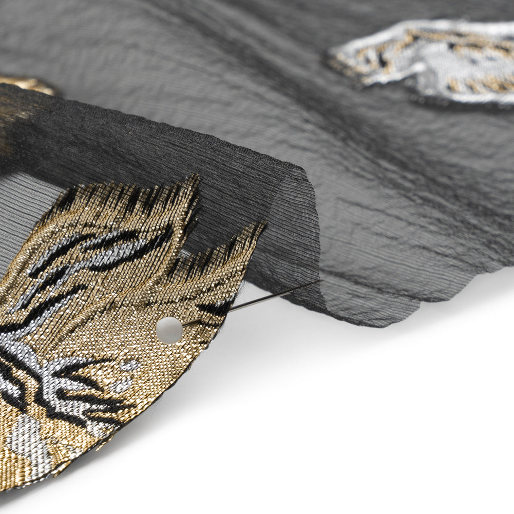 Metallic Gold, Silver and Black Floral Luxury Burnout Brocade Panel - Folded