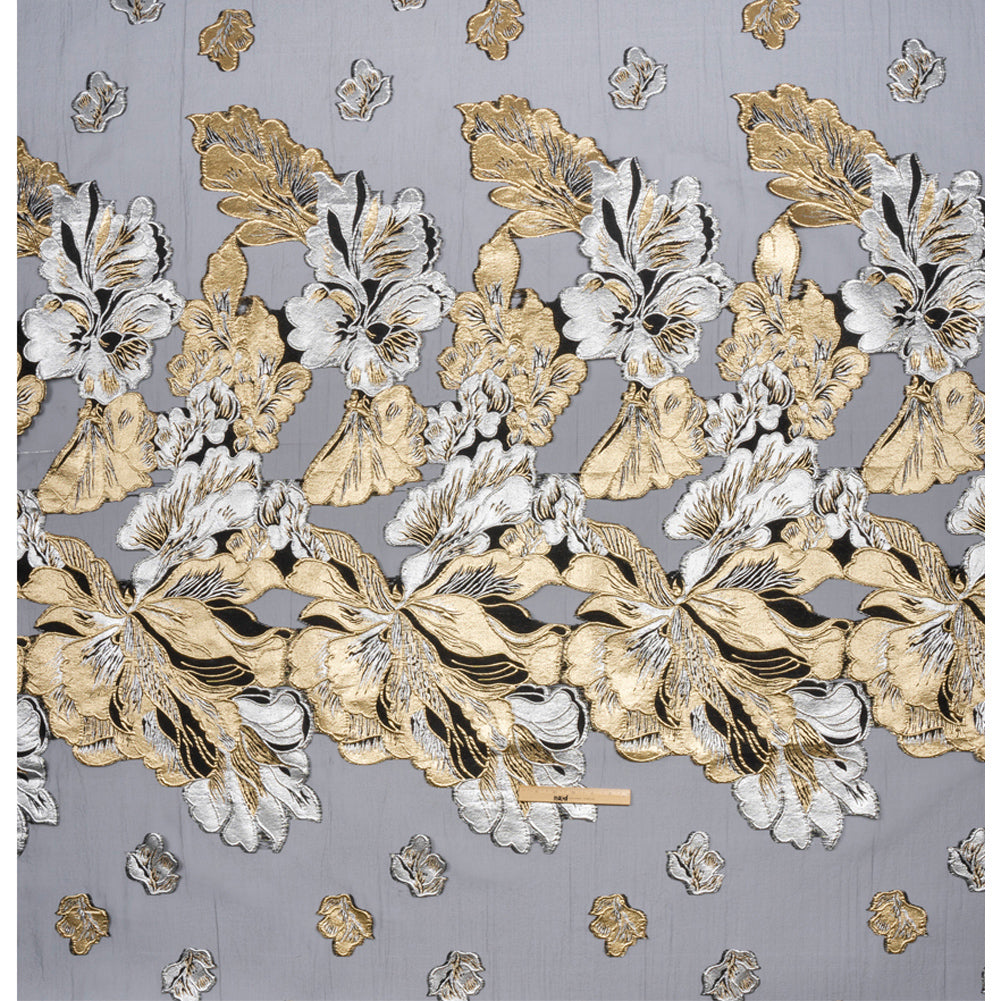 Metallic Gold, Silver and Black Floral Luxury Burnout Brocade Panel - Drape