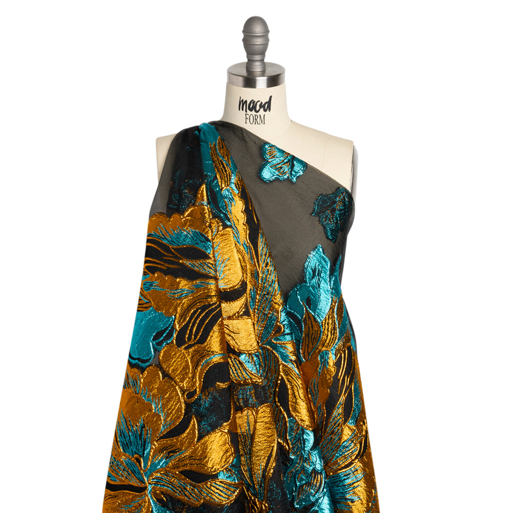 Metallic Teal, Orange and Black Floral Luxury Burnout Brocade Panel Detail
