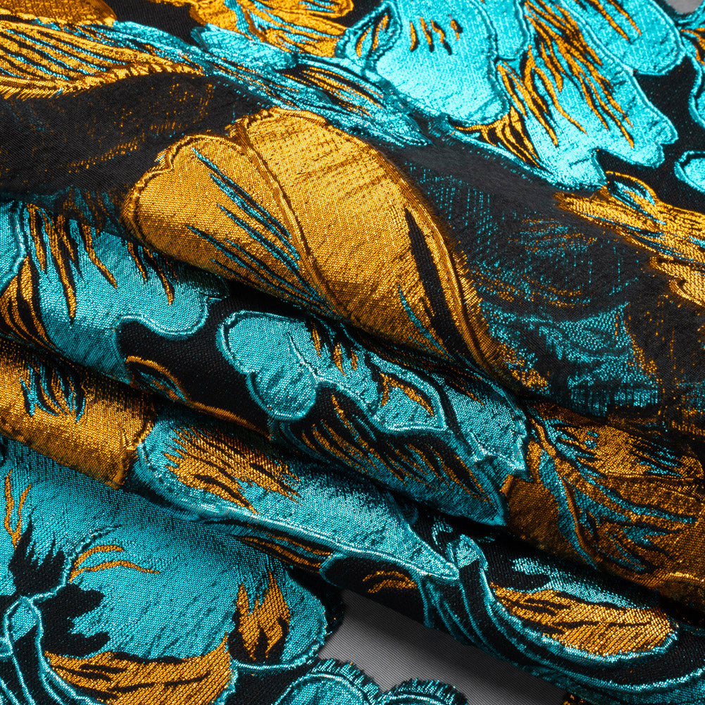 Metallic Teal, Orange and Black Floral Luxury Burnout Brocade Panel Full
