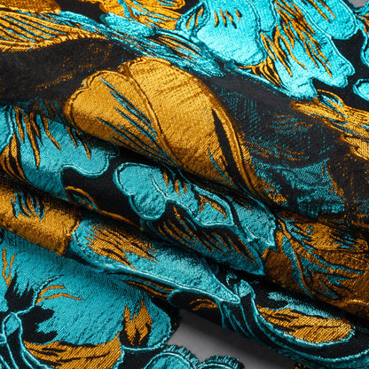 Metallic Teal, Orange and Black Floral Luxury Burnout Brocade Panel Full