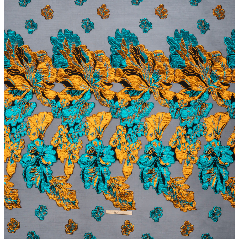 Metallic Teal, Orange and Black Floral Luxury Burnout Brocade Panel Drape