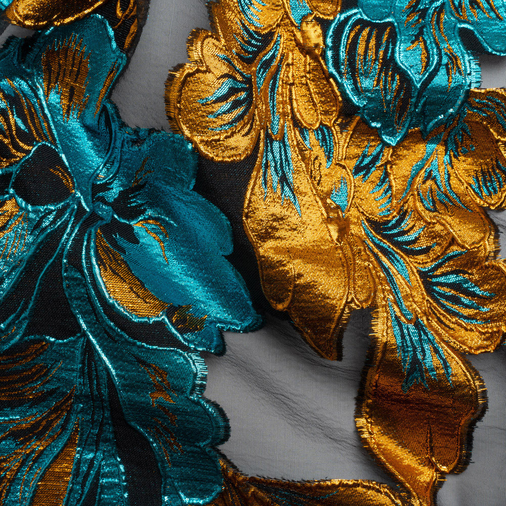 Metallic Teal, Orange and Black Floral Luxury Burnout Brocade Panel