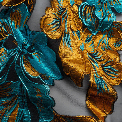 Metallic Teal, Orange and Black Floral Luxury Burnout Brocade Panel