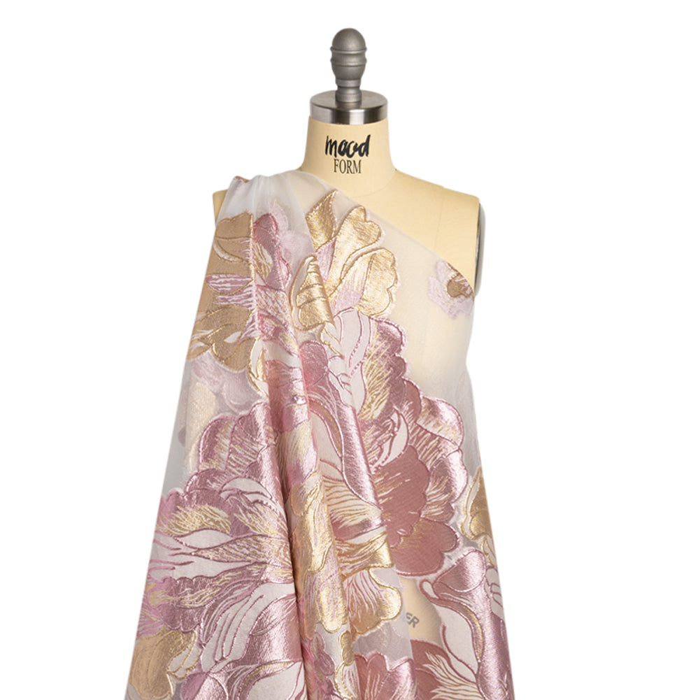 Metallic Pink, Gold and White Floral Luxury Burnout Brocade Panel - Detail
