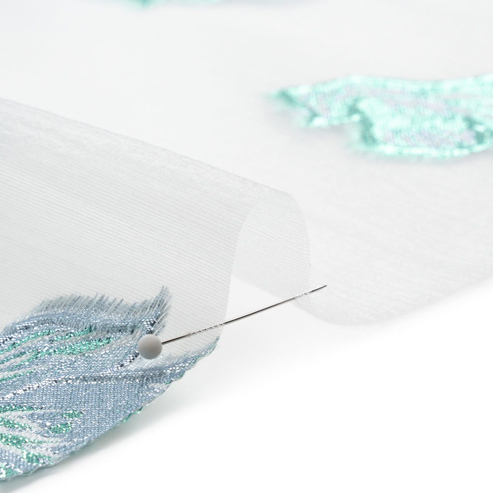 Metallic Turquoise, Baby Blue and White Floral Luxury Burnout Brocade Panel - Folded