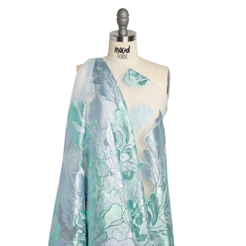 Metallic Turquoise, Baby Blue and White Floral Luxury Burnout Brocade Panel - Detail