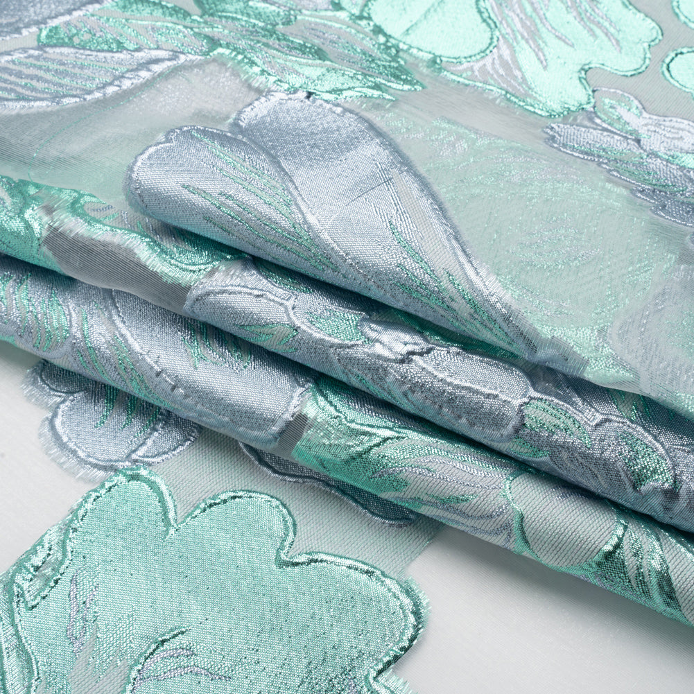 Metallic Turquoise, Baby Blue and White Floral Luxury Burnout Brocade Panel - Full