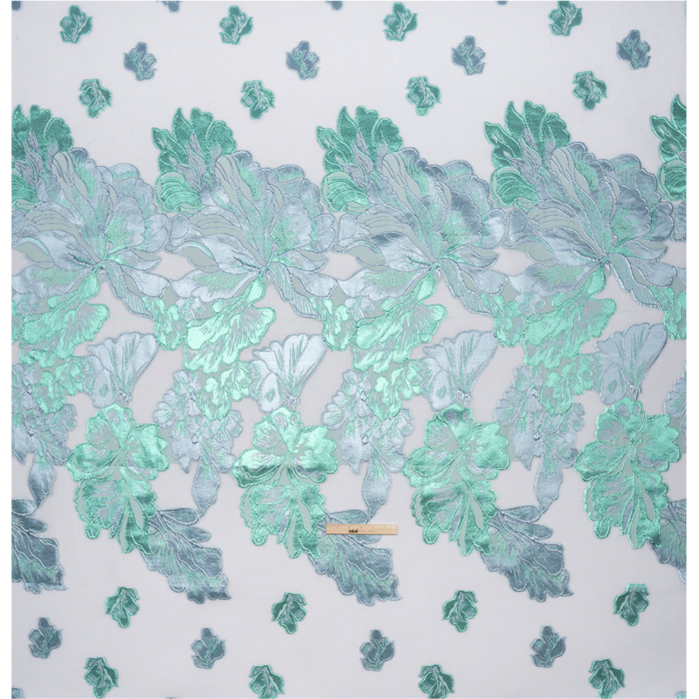 Metallic Turquoise, Baby Blue and White Floral Luxury Burnout Brocade Panel - Drape