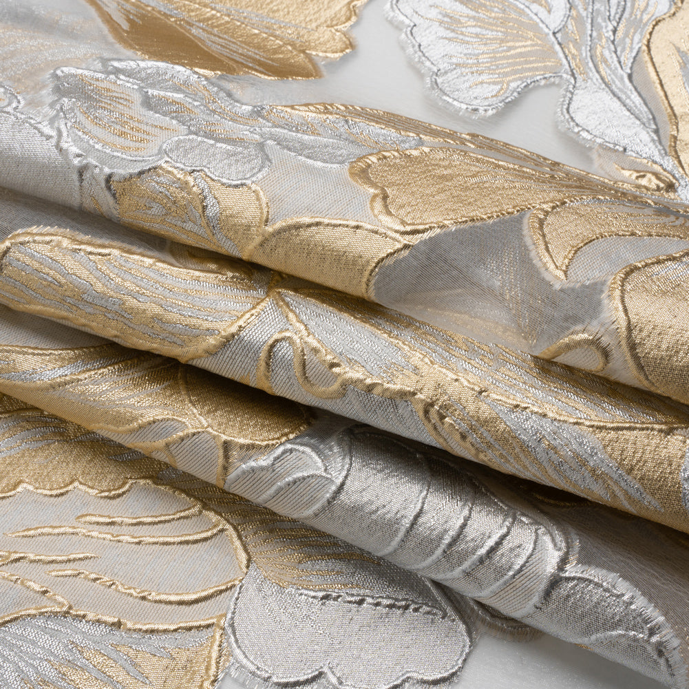 Metallic Gold, Silver and White Floral Luxury Burnout Brocade Panel Full