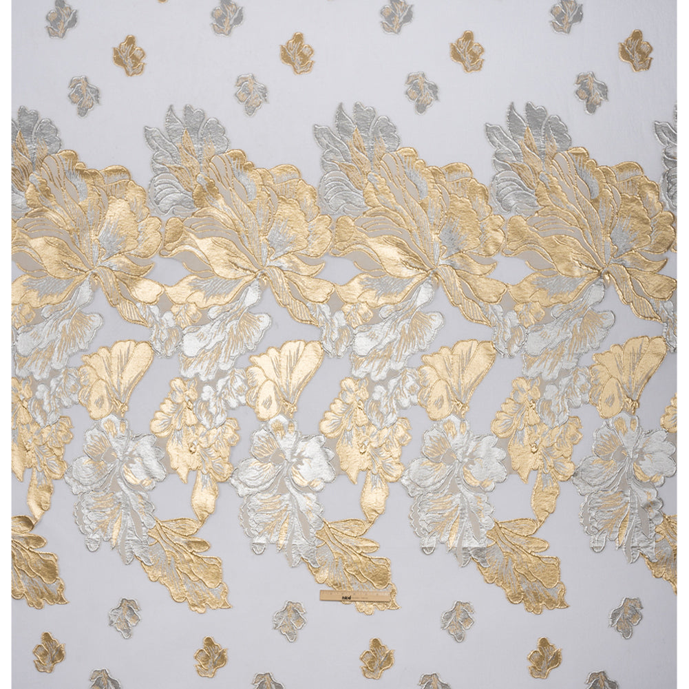 Metallic Gold, Silver and White Floral Luxury Burnout Brocade Panel Drape