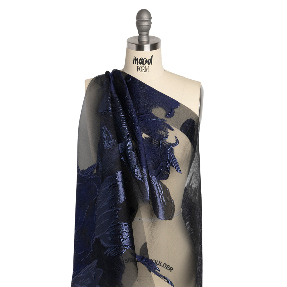 Metallic Navy Big Florals Luxury Burnout Brocade - Detail