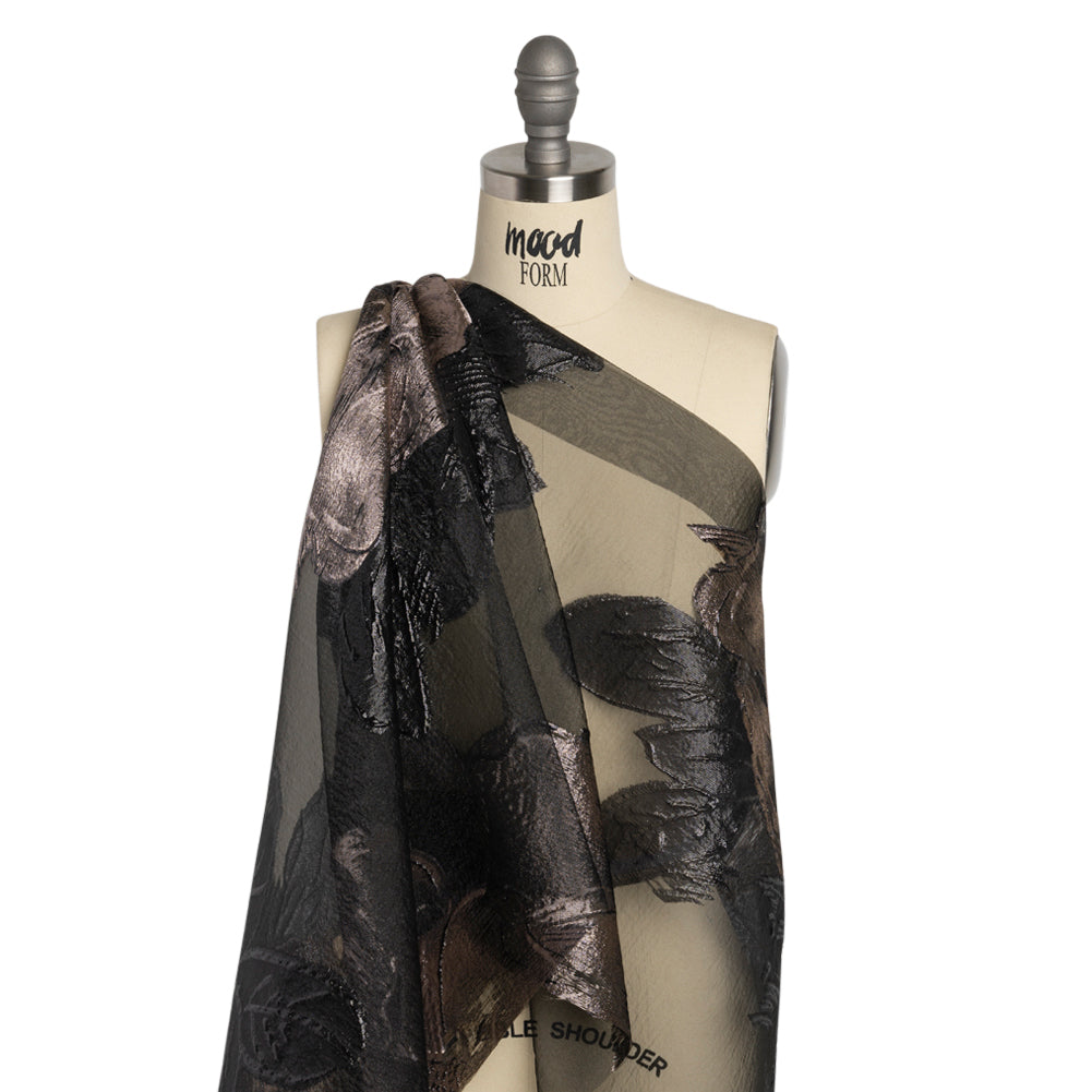 Metallic Pink and Black Big Florals Luxury Burnout Brocade - Detail