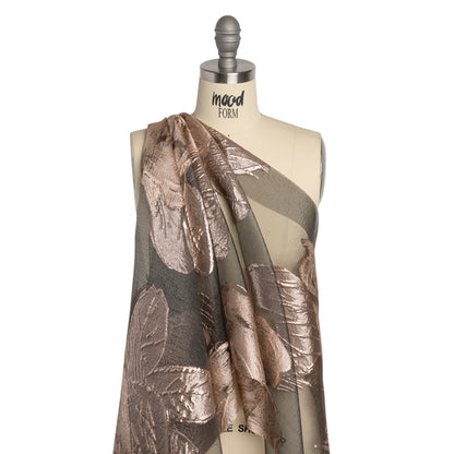 Metallic Rose and Charcoal Big Florals Luxury Burnout Brocade Detail