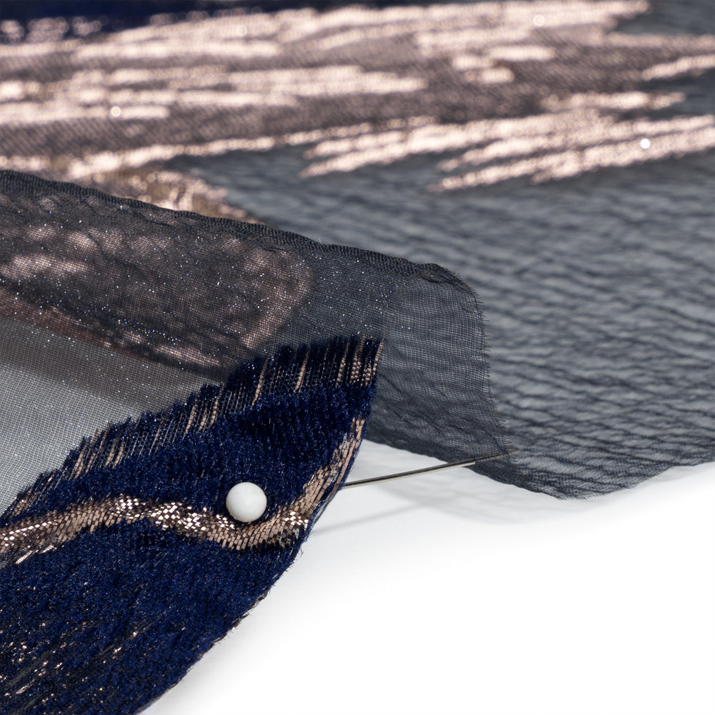 Metallic Rose Gold and Navy Big Florals Luxury Burnout Brocade - Folded