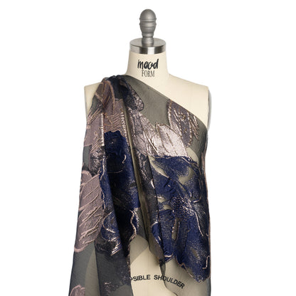 Metallic Rose Gold and Navy Big Florals Luxury Burnout Brocade - Detail