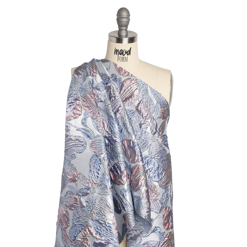 Metallic Blue, Pink and Lavender Blooms Luxury Brocade - Detail