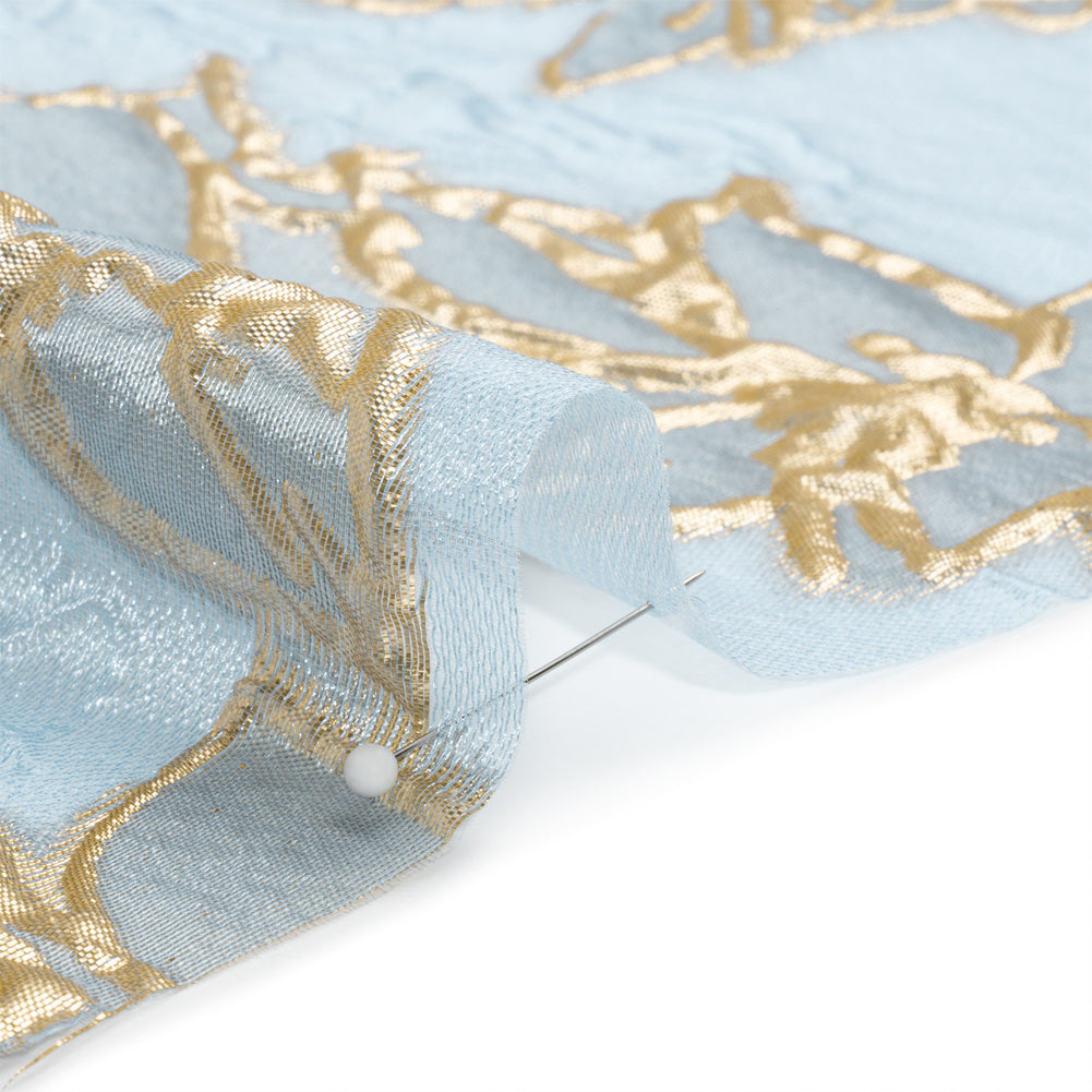 Metallic Gold and Sky Blue Floating Flowers Luxury Burnout Brocade - Folded