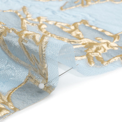 Metallic Gold and Sky Blue Floating Flowers Luxury Burnout Brocade - Folded