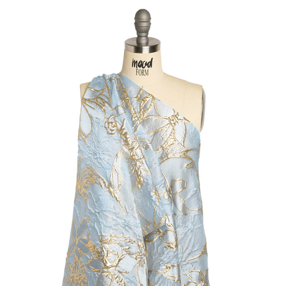 Metallic Gold and Sky Blue Floating Flowers Luxury Burnout Brocade - Detail