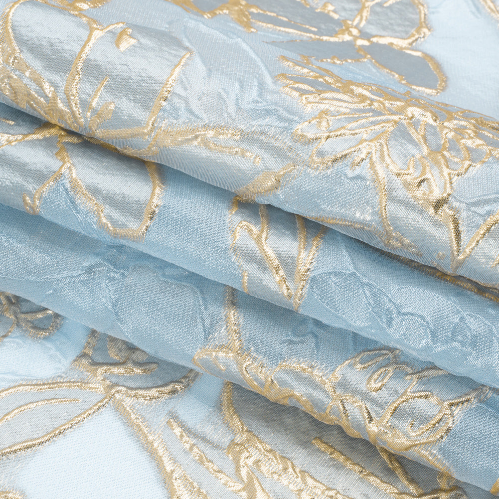 Metallic Gold and Sky Blue Floating Flowers Luxury Burnout Brocade - Full