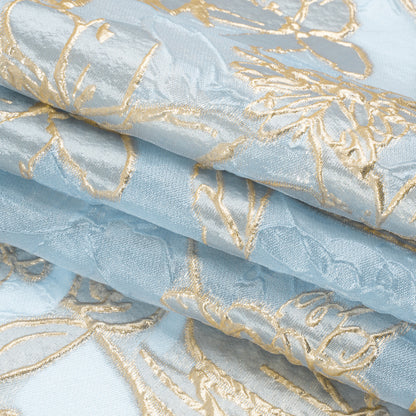 Metallic Gold and Sky Blue Floating Flowers Luxury Burnout Brocade - Full