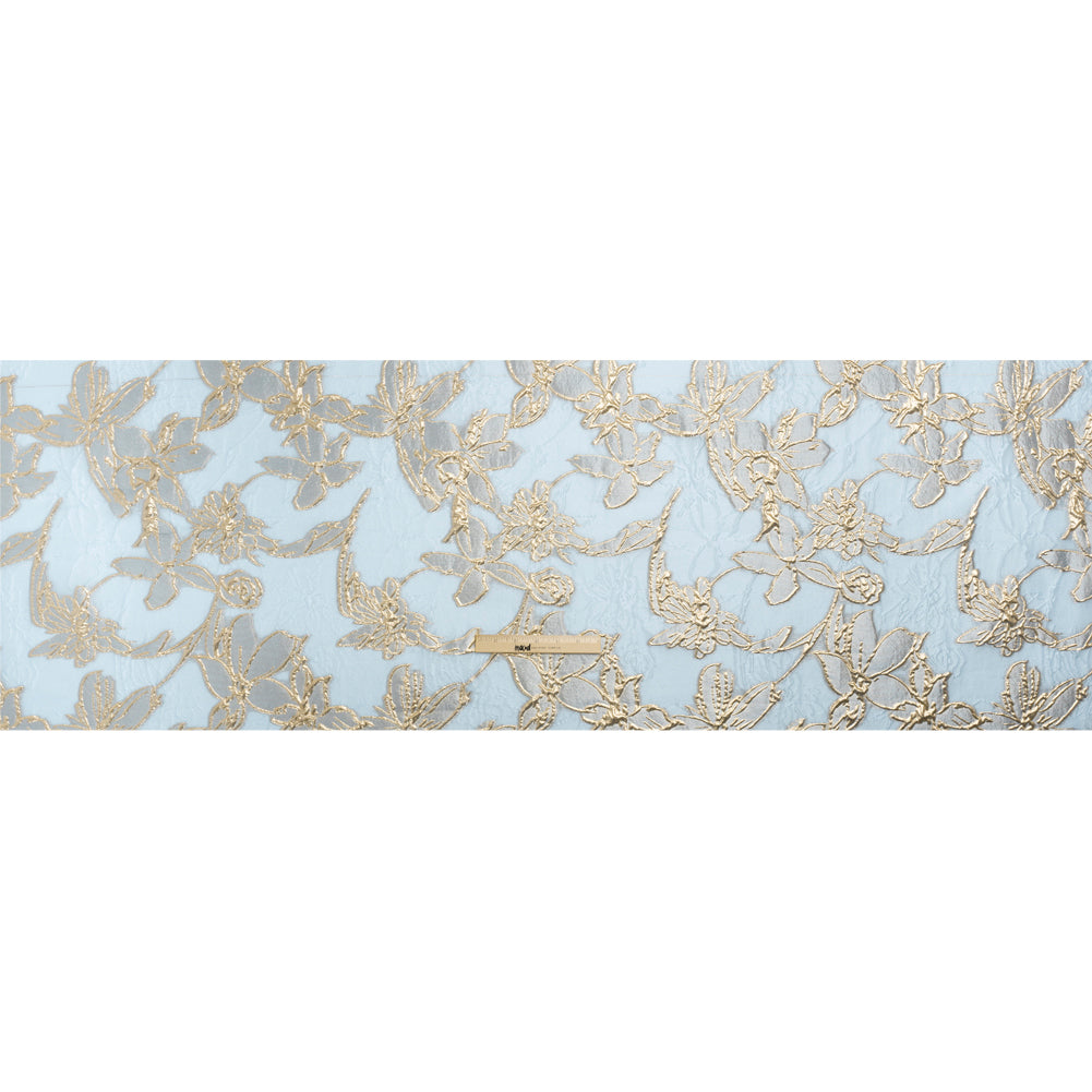 Metallic Gold and Sky Blue Floating Flowers Luxury Burnout Brocade - Drape