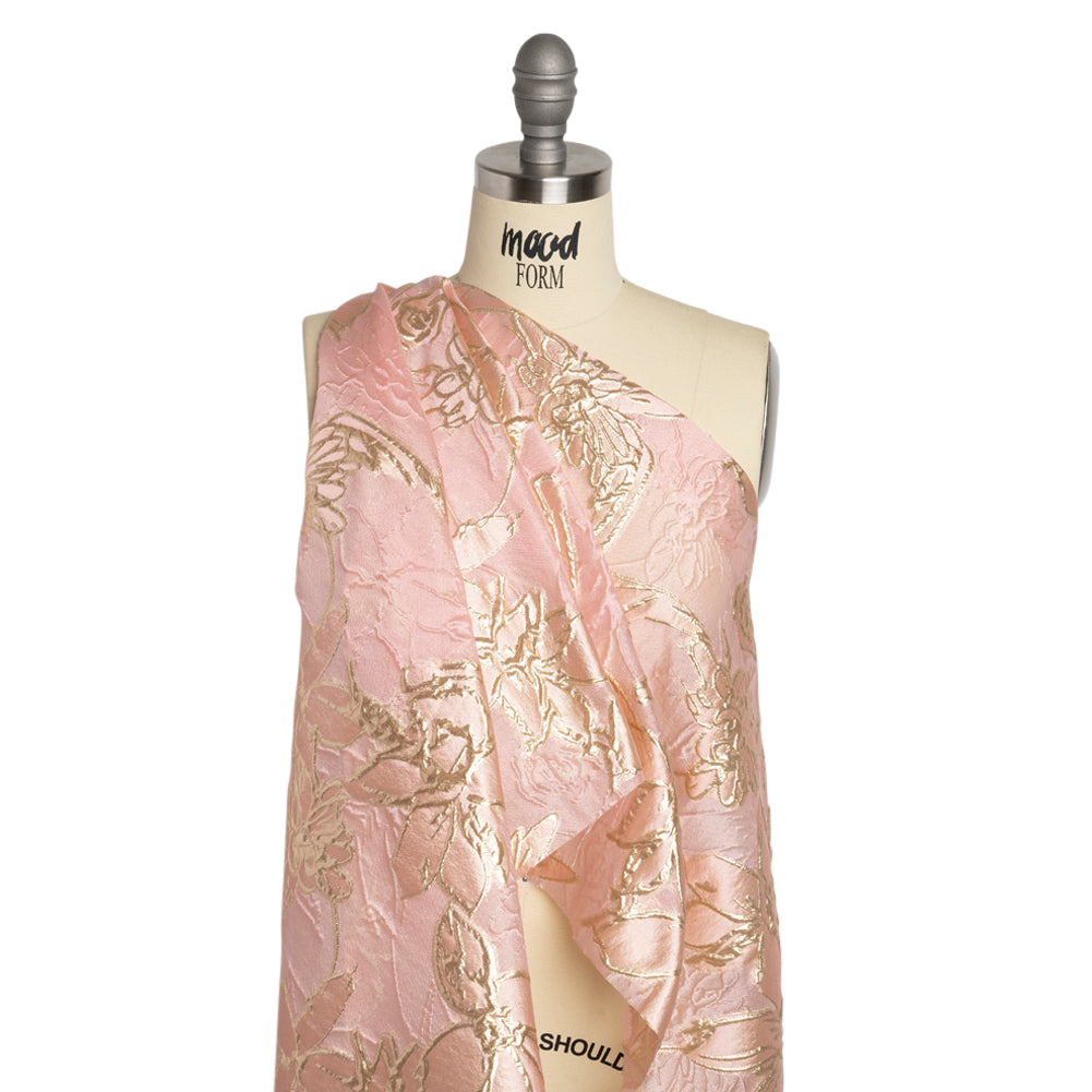 Metallic Gold and Pink Floating Flowers Luxury Burnout Brocade Detail