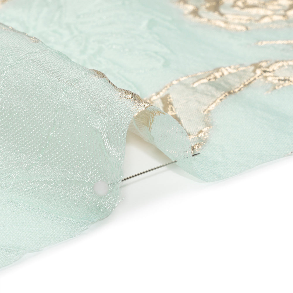 Metallic Gold and Aqua Floating Flowers Luxury Burnout Brocade Folded