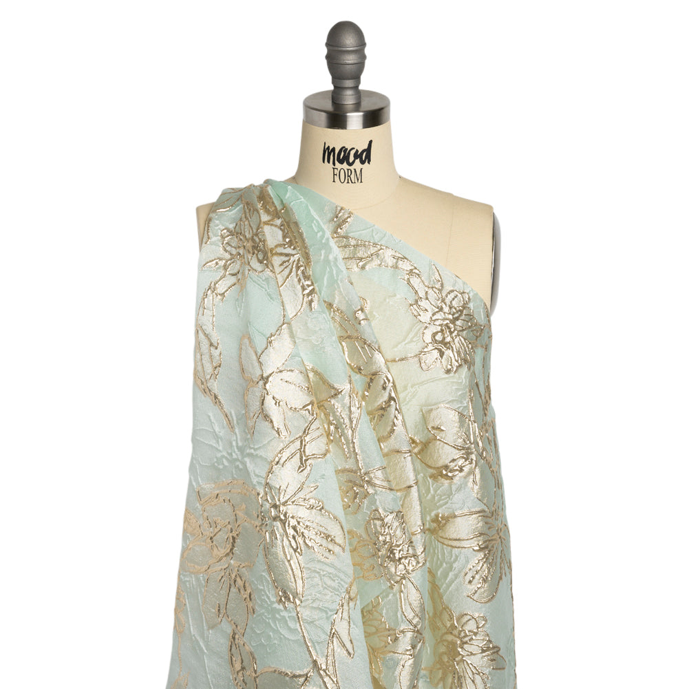 Metallic Gold and Aqua Floating Flowers Luxury Burnout Brocade Detail