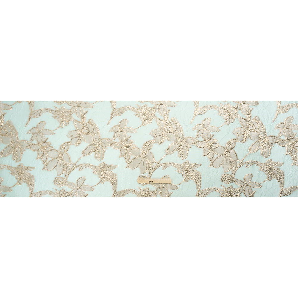 Metallic Gold and Aqua Floating Flowers Luxury Burnout Brocade Drape