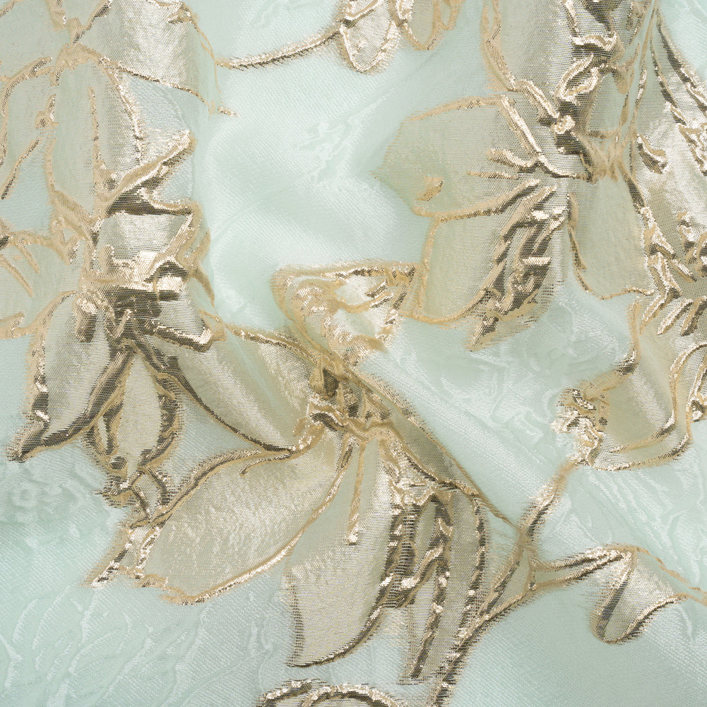 Metallic Gold and Aqua Floating Flowers Luxury Burnout Brocade