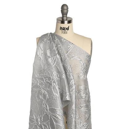 Metallic Silver and Gray Floating Flowers Luxury Burnout Brocade - Detail
