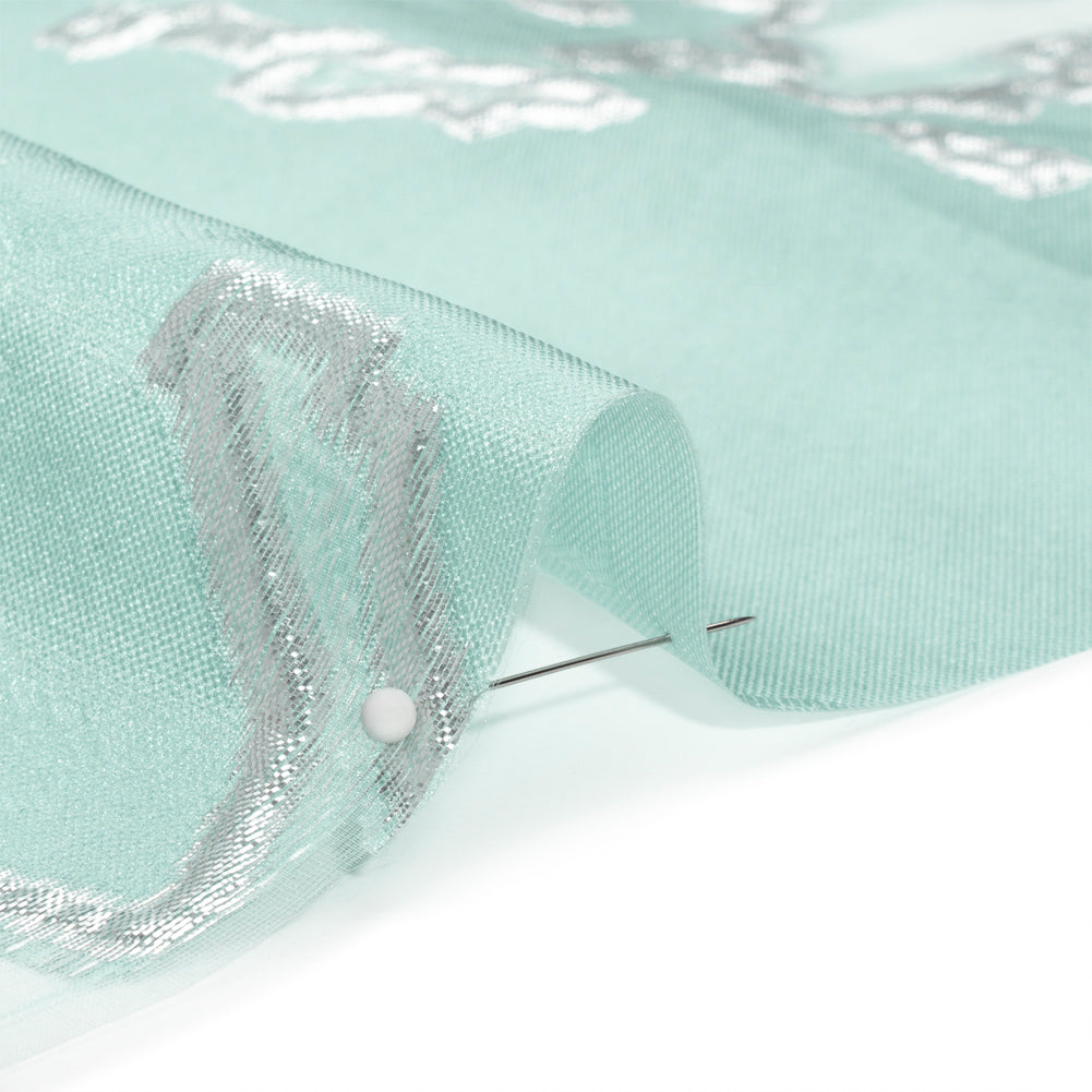 Metallic Silver and Sky Blue Abstract Embers Luxury Burnout Brocade Folded