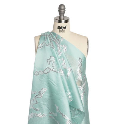 Metallic Silver and Sky Blue Abstract Embers Luxury Burnout Brocade Detail