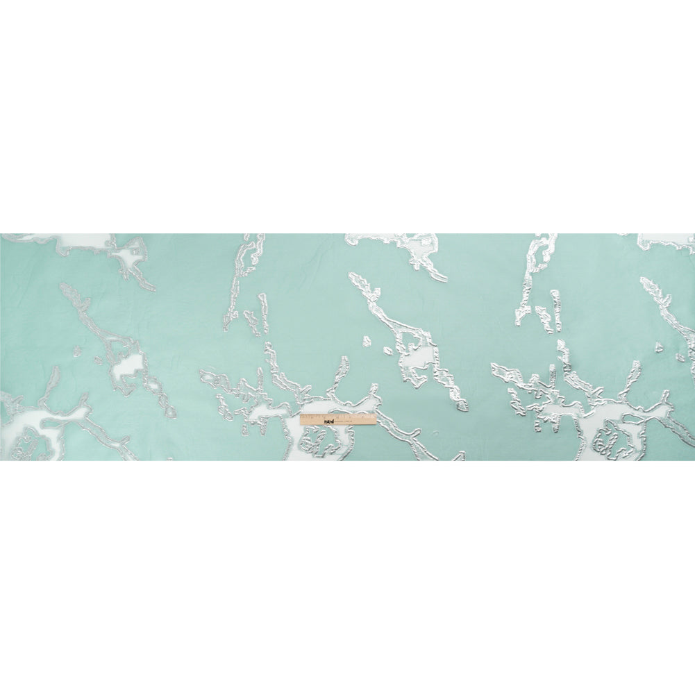 Metallic Silver and Sky Blue Abstract Embers Luxury Burnout Brocade Drape