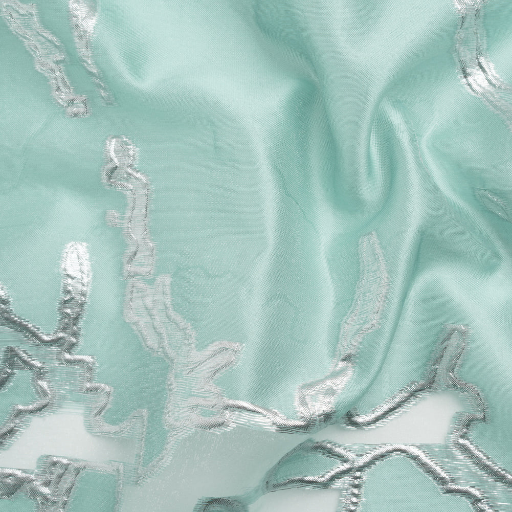 Metallic Silver and Sky Blue Abstract Embers Luxury Burnout Brocade