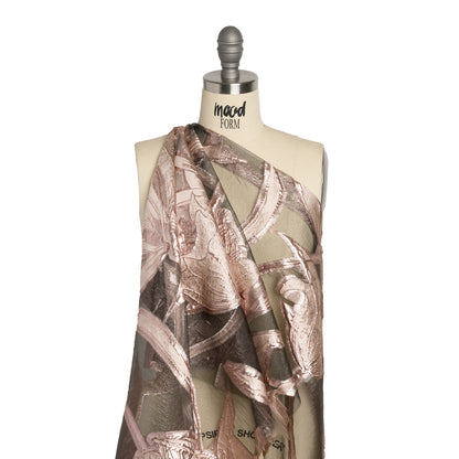 Metallic Rose Gold and Black Twirling Tulips Luxury Burnout Brocade - Detail