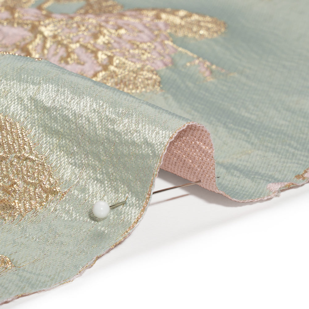 Metallic Gold, Baby Pink and Light Gray Floral Luxury Brocade - Folded