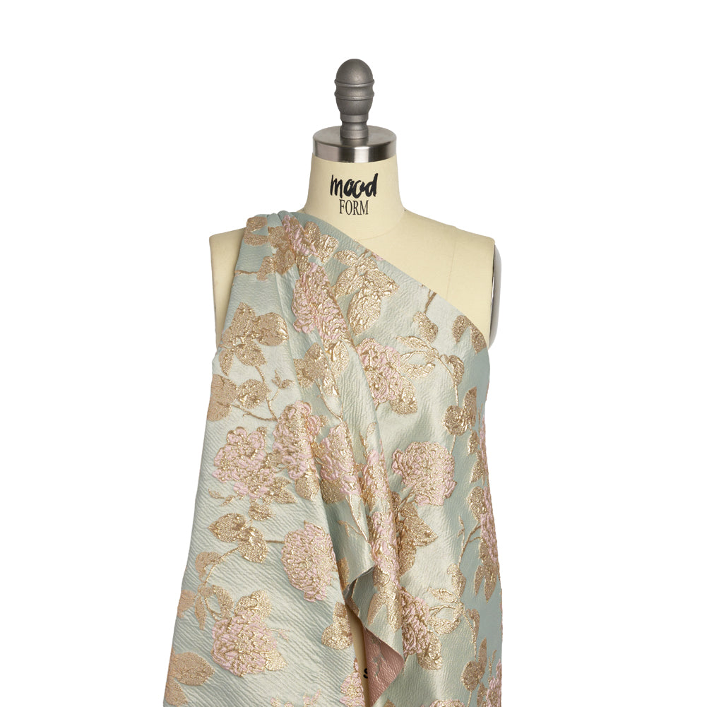 Metallic Gold, Baby Pink and Light Gray Floral Luxury Brocade - Detail