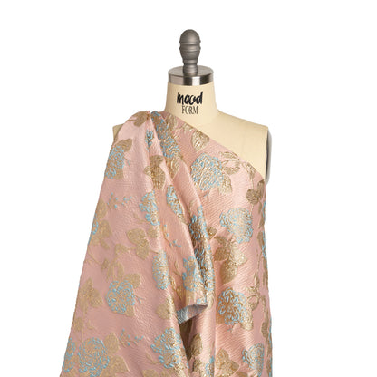 Metallic Gold, Baby Blue and Pink Floral Luxury Brocade - Detail