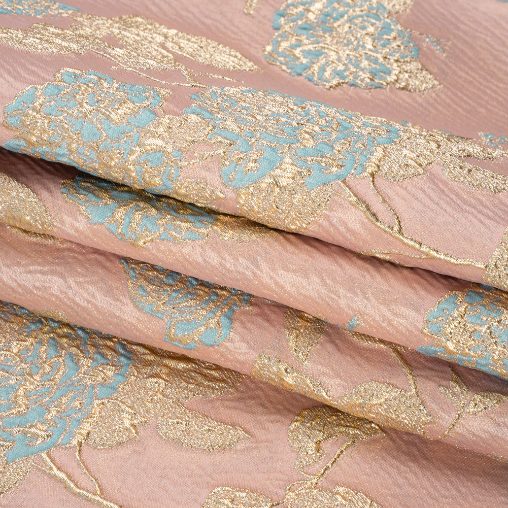 Metallic Gold, Baby Blue and Pink Floral Luxury Brocade - Full