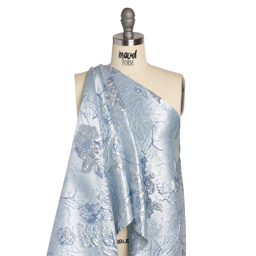 Metallic Baby Blue and Silver Flower Clippings Luxury Brocade Detail