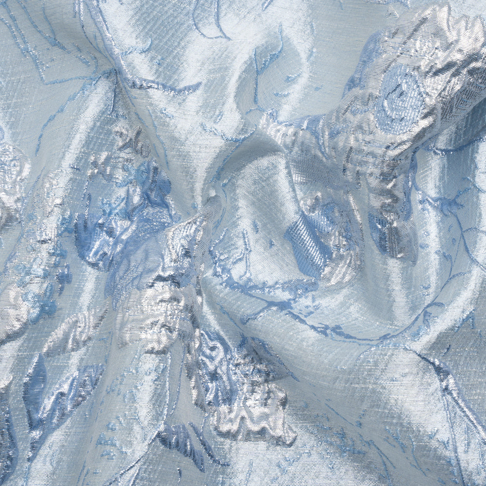 Metallic Baby Blue and Silver Flower Clippings Luxury Brocade