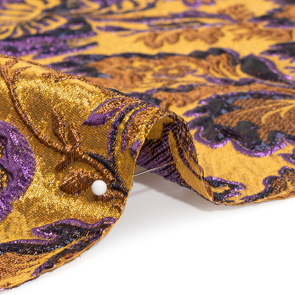 Metallic Antique Gold, Purple and Navy Floral Delight Luxury Brocade Folded